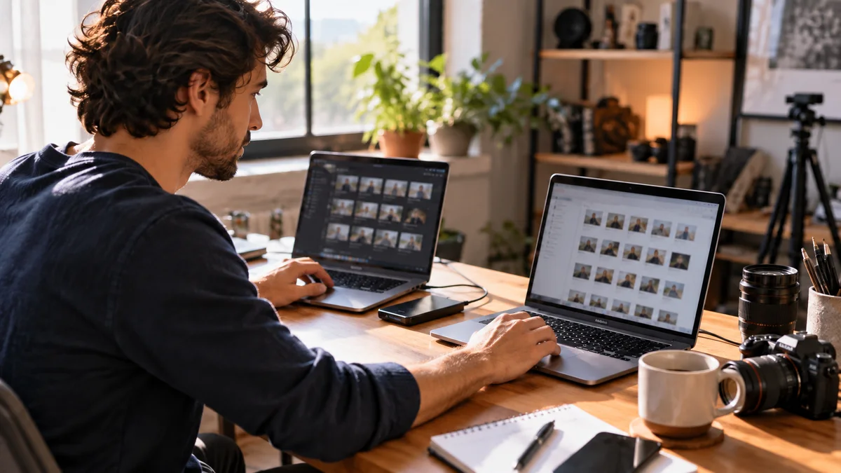 A creator transferring an organized video archive between two laptops in a sunlit home studio