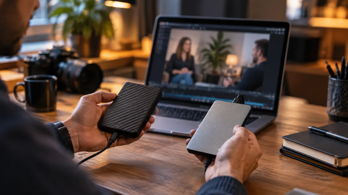 An editor comparing two external hard drives beside a laptop showing blurred interview footage