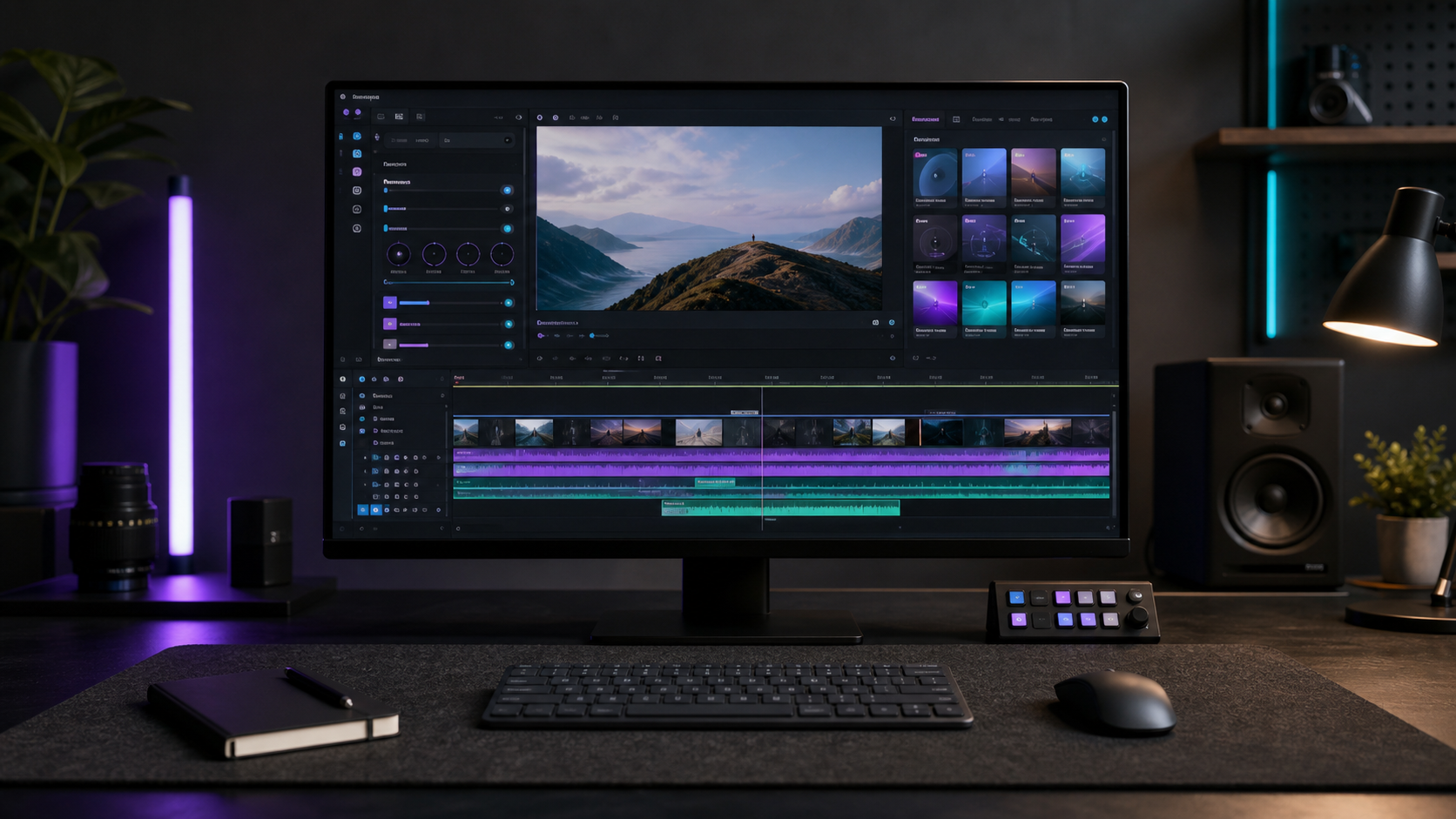 Photorealistic dark editing workstation with organized plugin panels and a Premiere Pro style timeline.