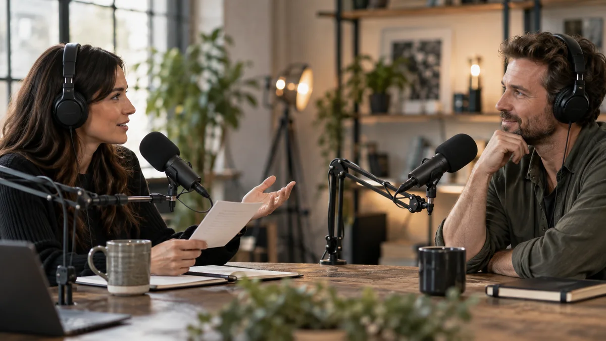 Interviewer and guest preparing a question in a podcast studio