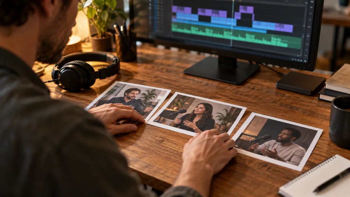 Editor comparing interview stills to establish a clip's context