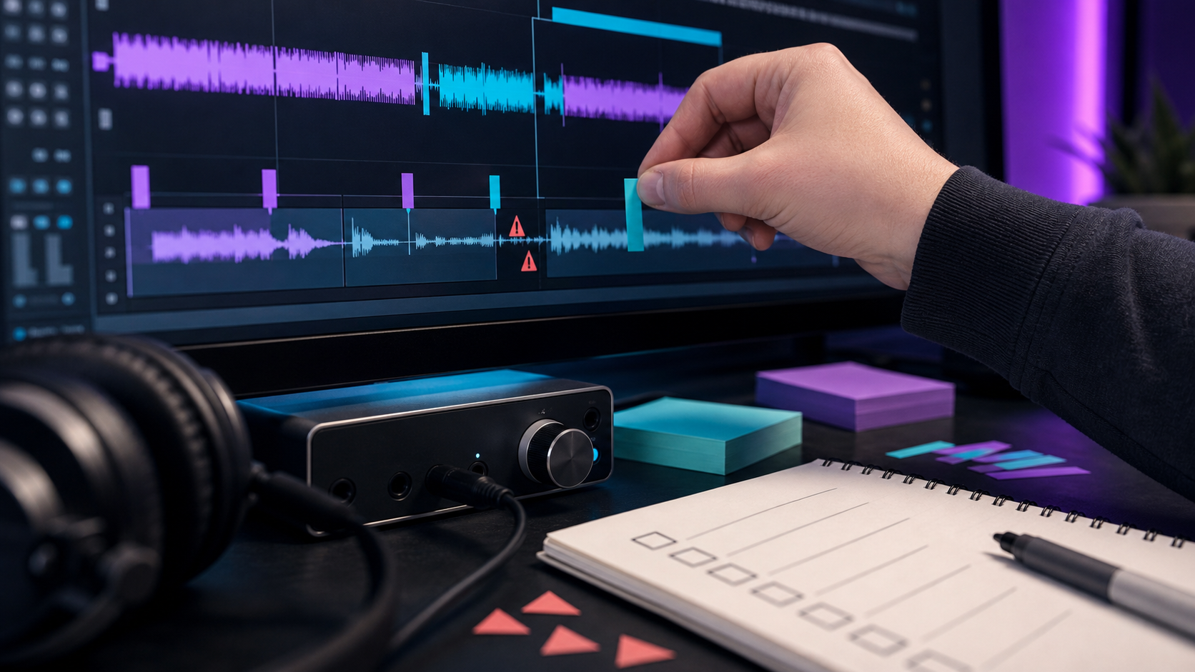 Podcast editing workflow showing cleanup, pacing, context, quality control, and publishing review