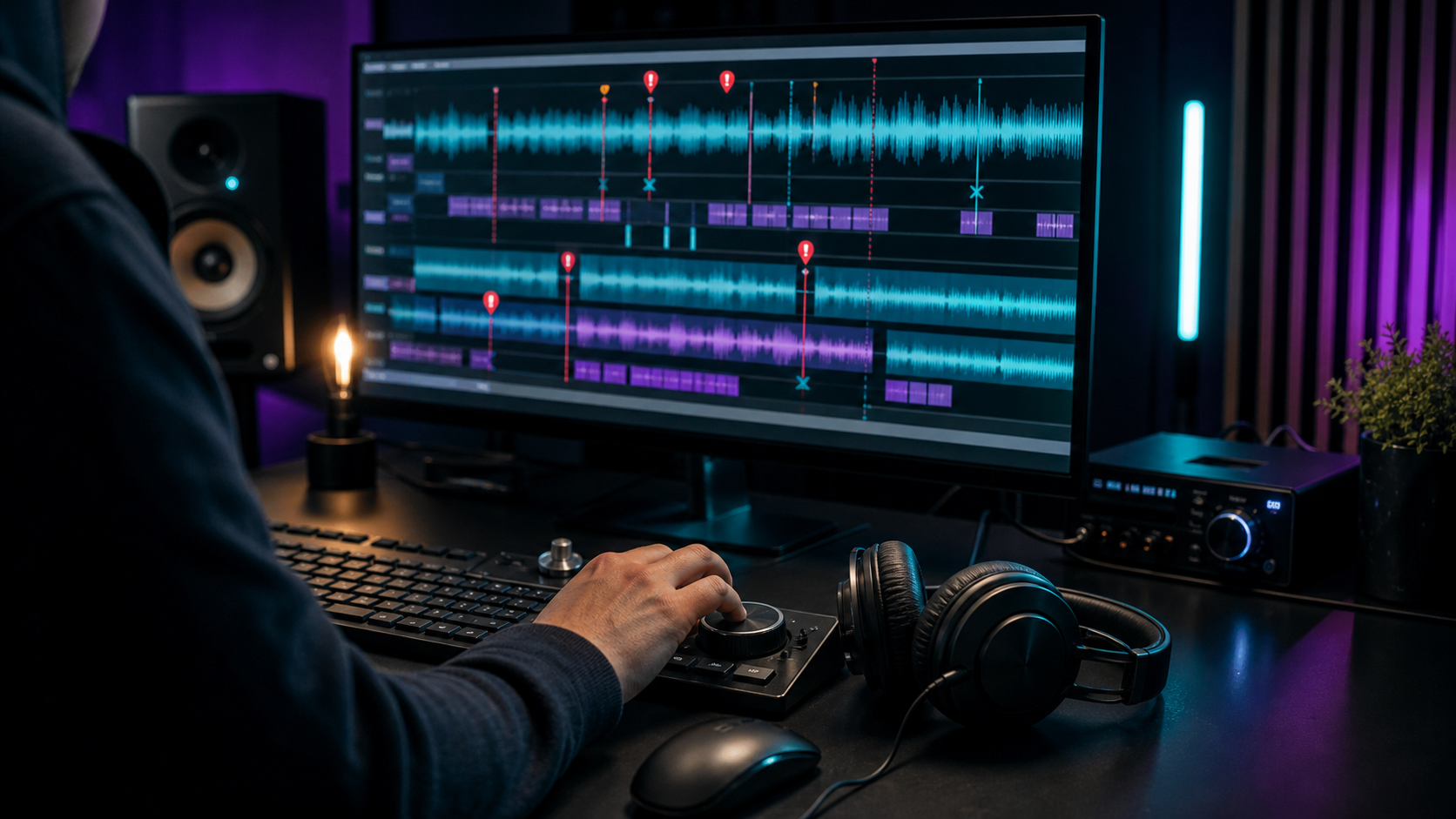 Podcast editing timeline with clipped audio, captions, mistakes, and quality control notes