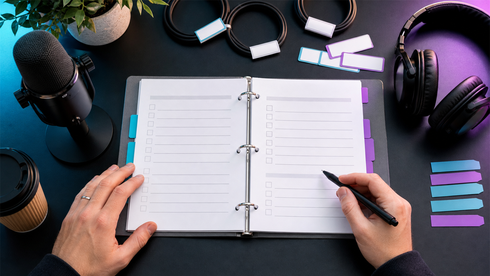 Podcast production checklist with audio files, captions, exports, and publishing tasks