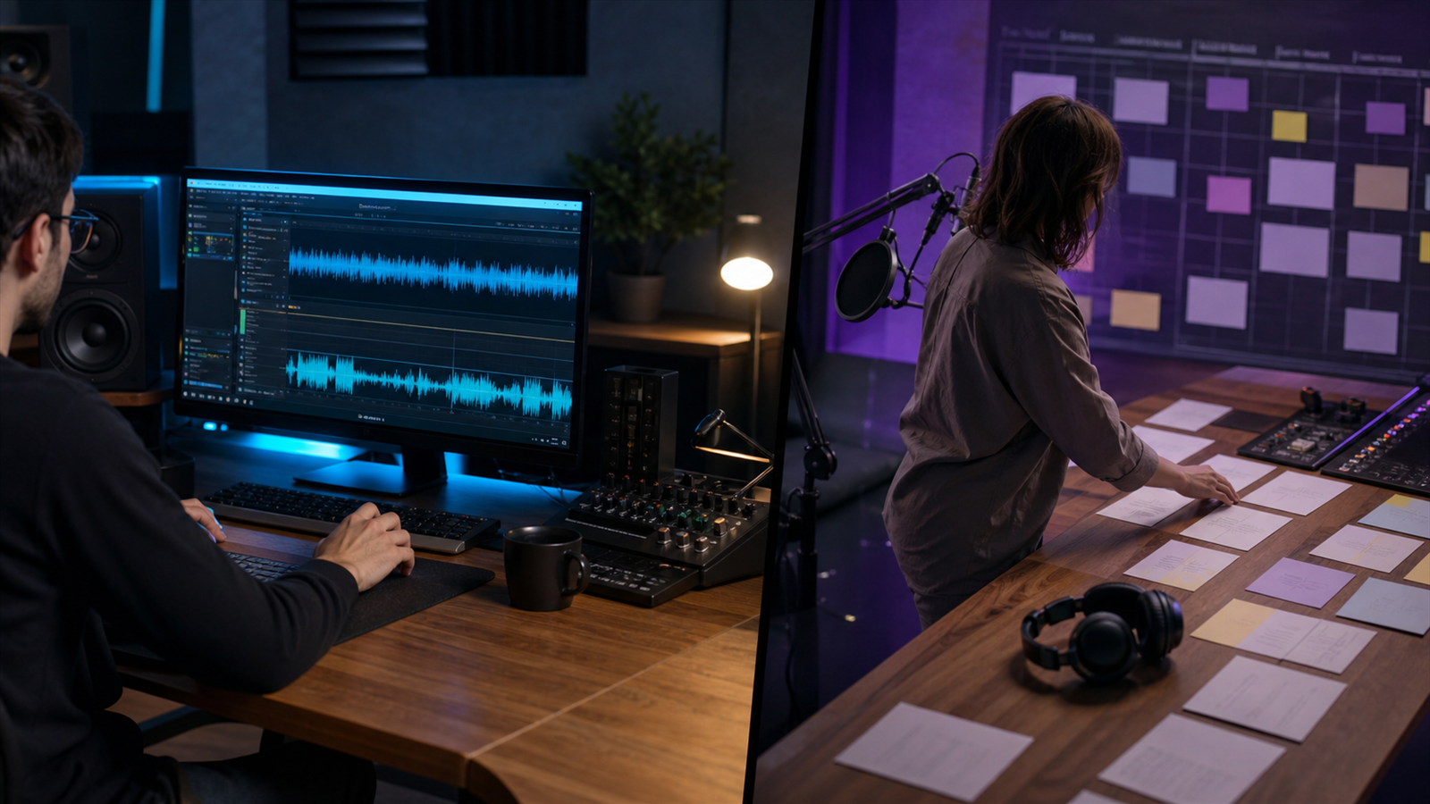 Podcast editor and producer comparing audio timelines, show plans, and publishing assets