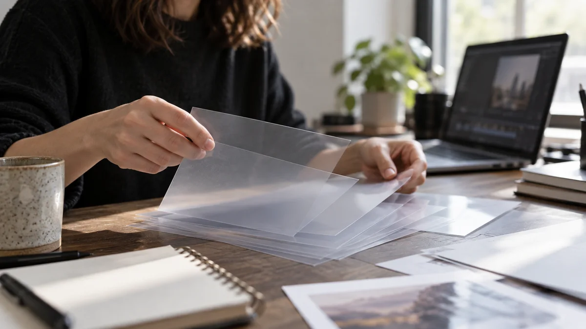 Editor arranging separate transparent layers beside a laptop