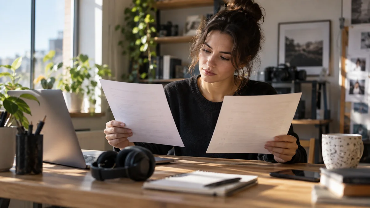 Editor comparing caption workflow notes at a sunlit desk