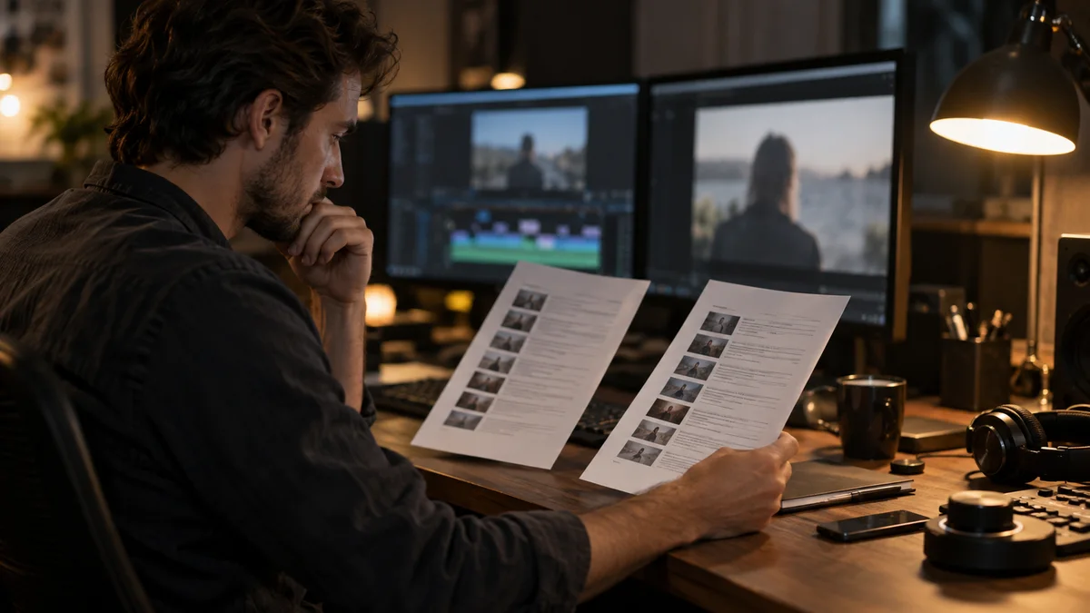 Video editor comparing two cut lists beside an editing workstation.