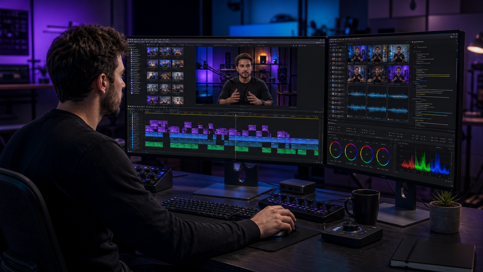 Professional video editor comparing Premiere Pro AI, Znippet, and AI editing tools