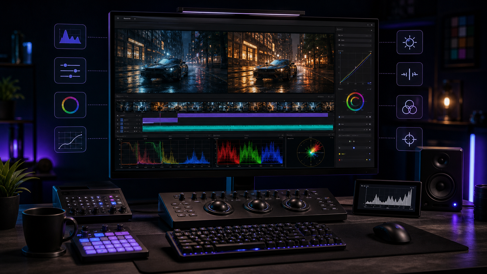 Photorealistic editing workstation with color correction scopes and Premiere Pro style grading controls on dark monitors.