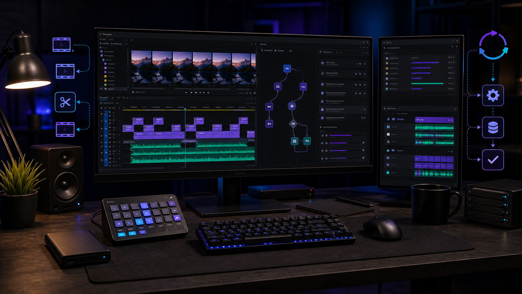 Photorealistic editing desk with multiple video timelines queued for plugin-assisted batch processing.