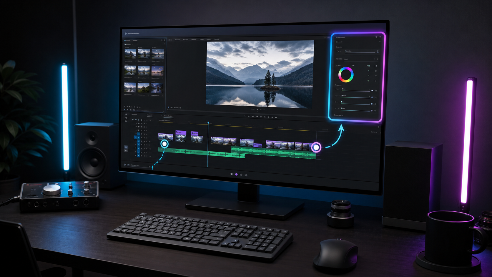 Realistic creator desk with simple plugin controls and Premiere Pro style editing timeline