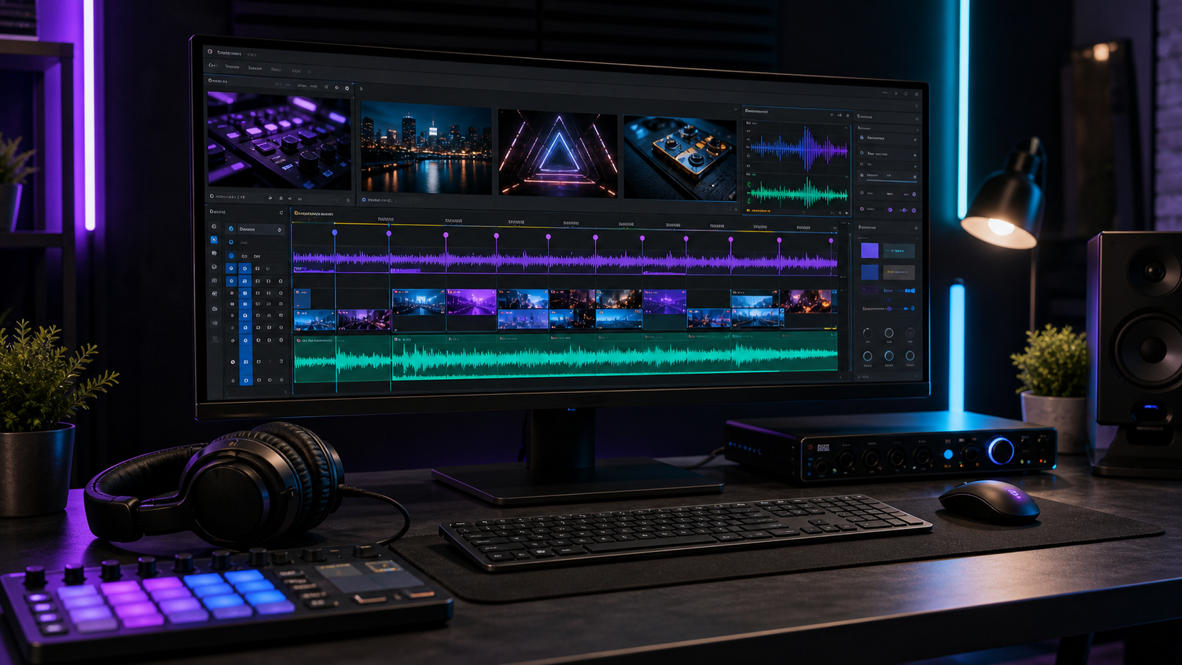 Creator desk with audio waveforms and beat markers on a Premiere Pro style timeline
