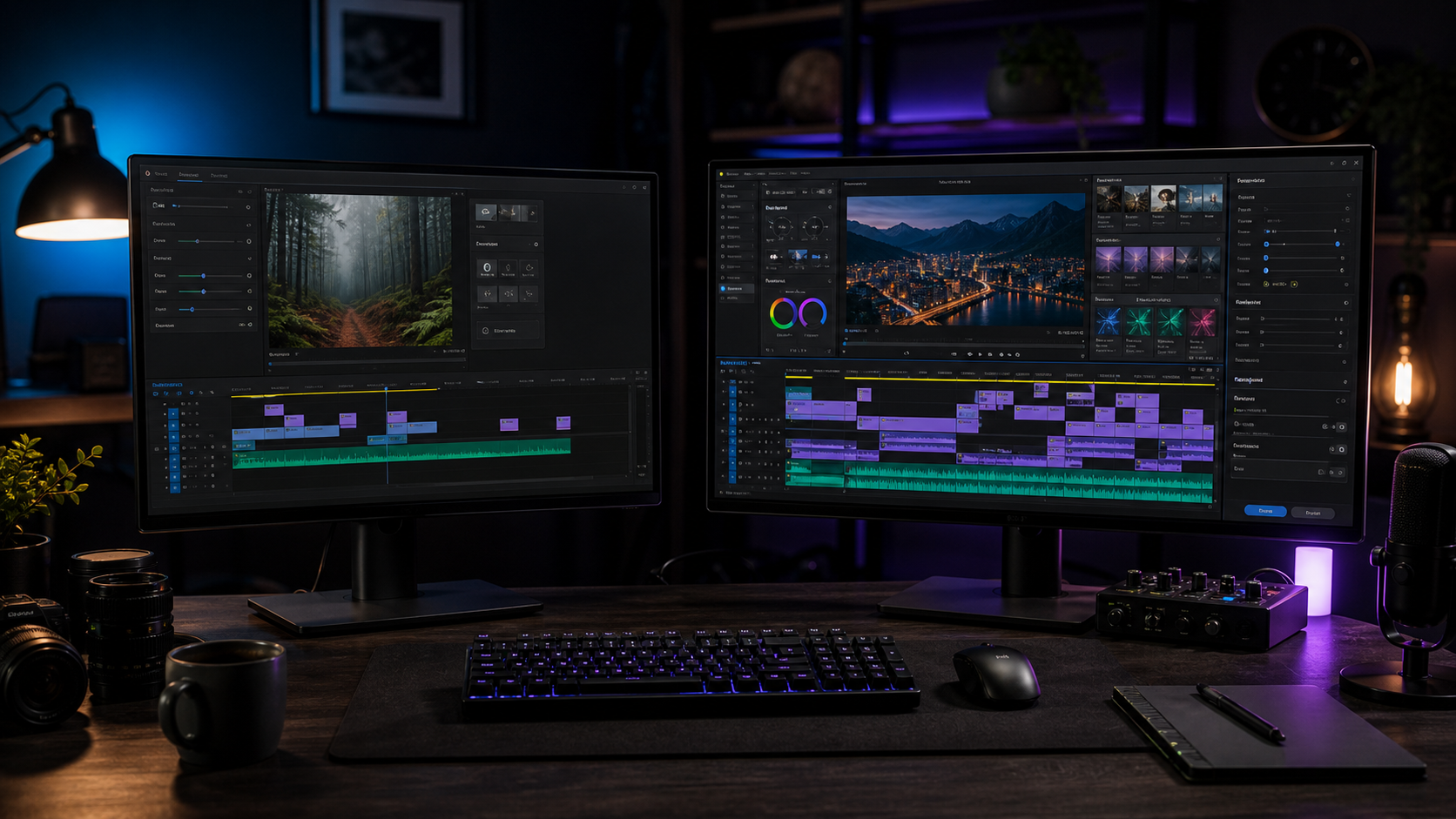 Photorealistic dual monitor editing workstation comparing built-in tools and plugin automation on a dark timeline