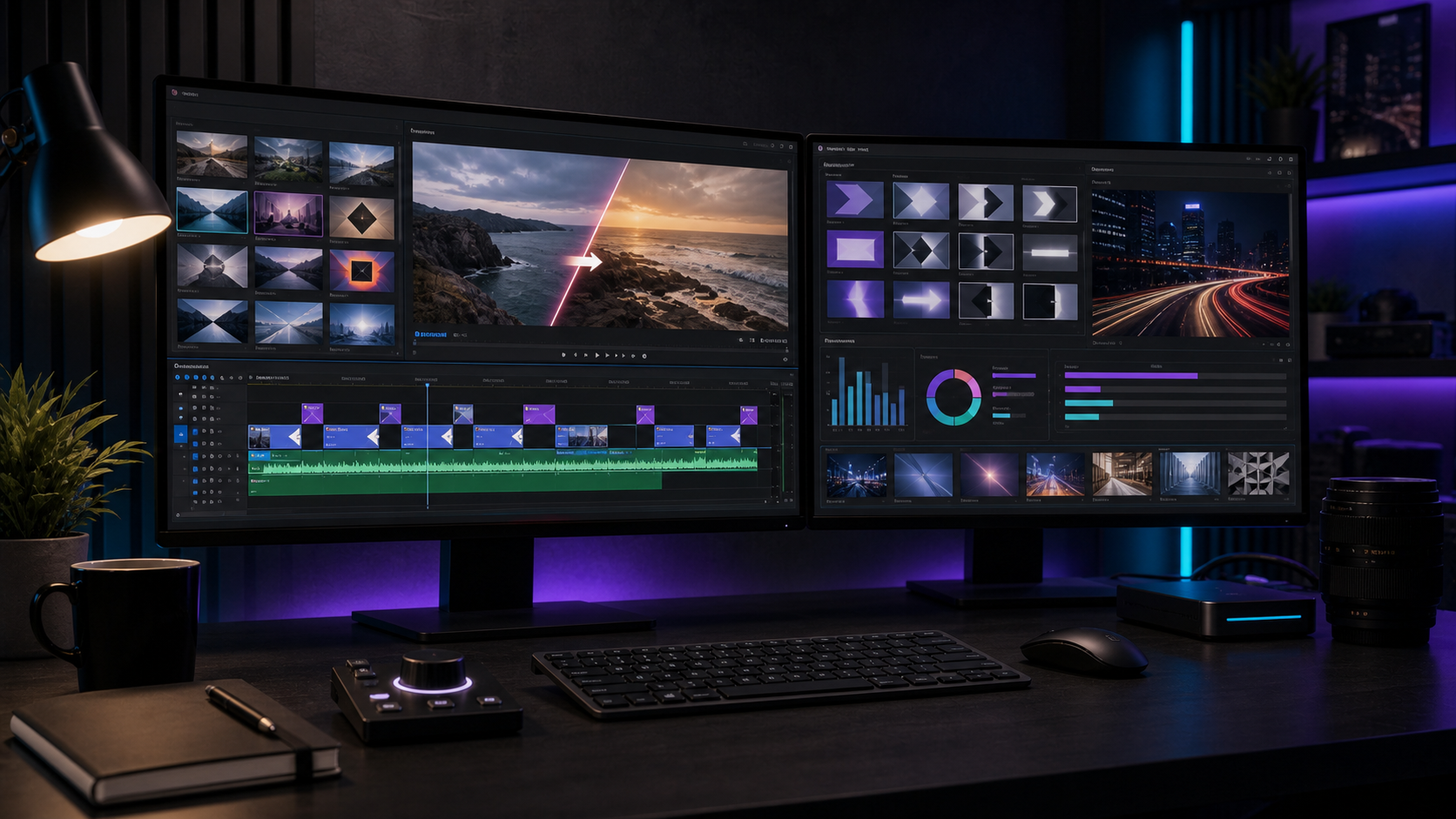Dark editing desk with transition blocks on a Premiere Pro style timeline