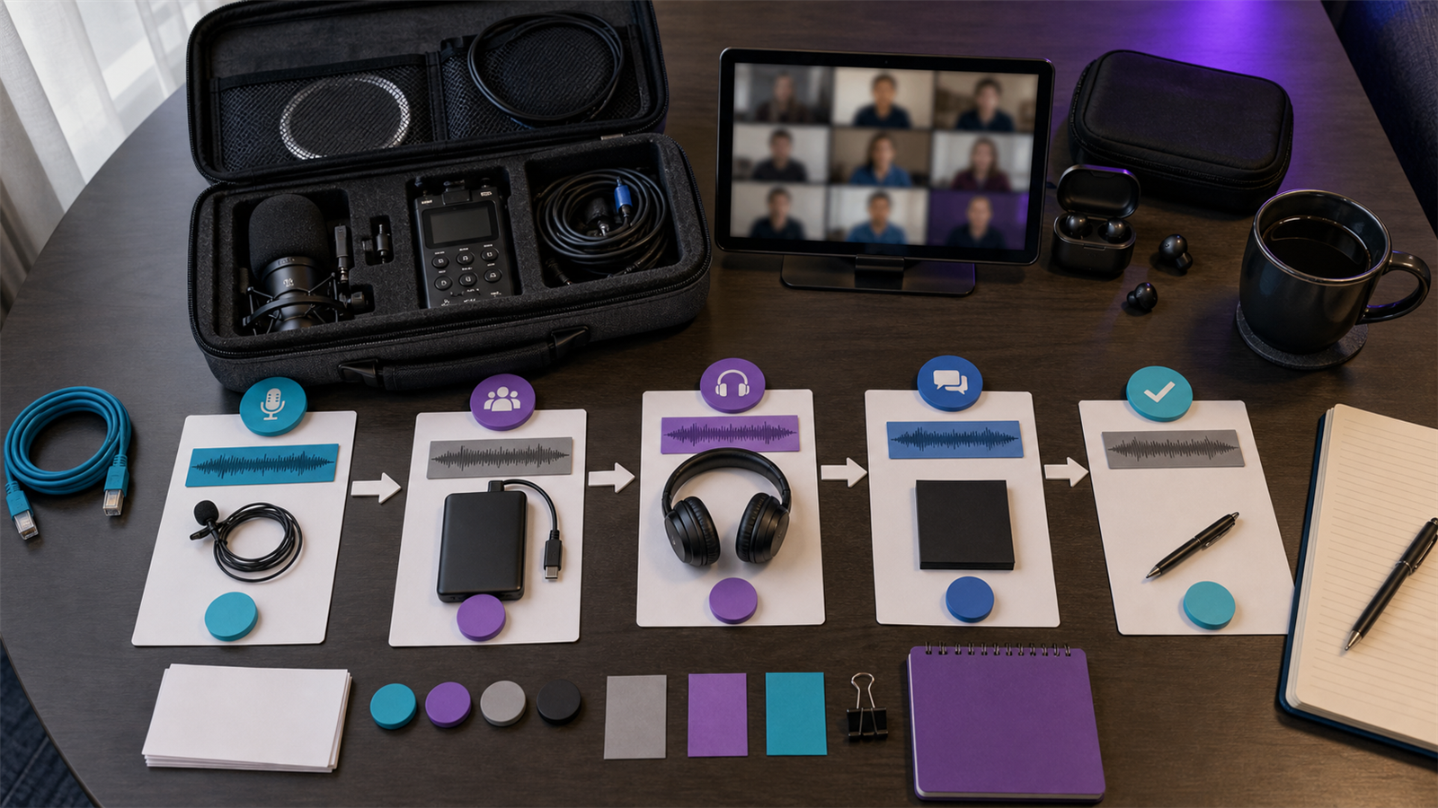 Remote podcast producer workflow with planning, recording, editing, review, publishing, and repurposing stages