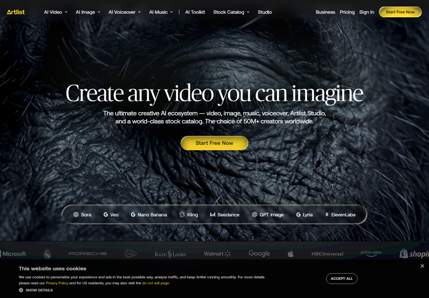 Artlist homepage screenshot for video production teams