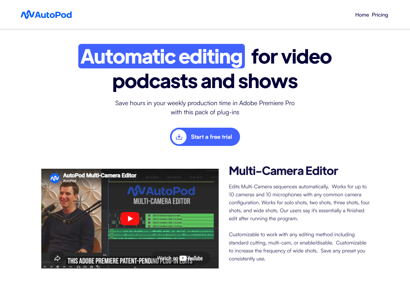 AutoPod homepage screenshot for Premiere Pro editors