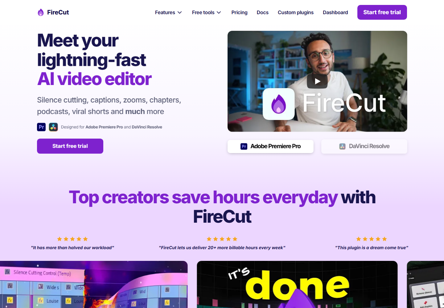 FireCut homepage screenshot for talking-head video editors