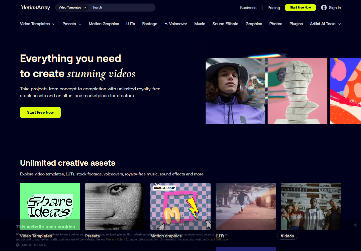 Motion Array homepage screenshot for video production teams