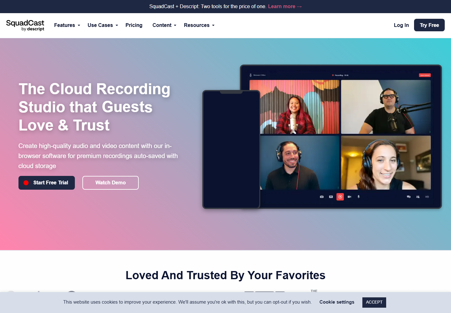 SquadCast homepage screenshot for podcast producers
