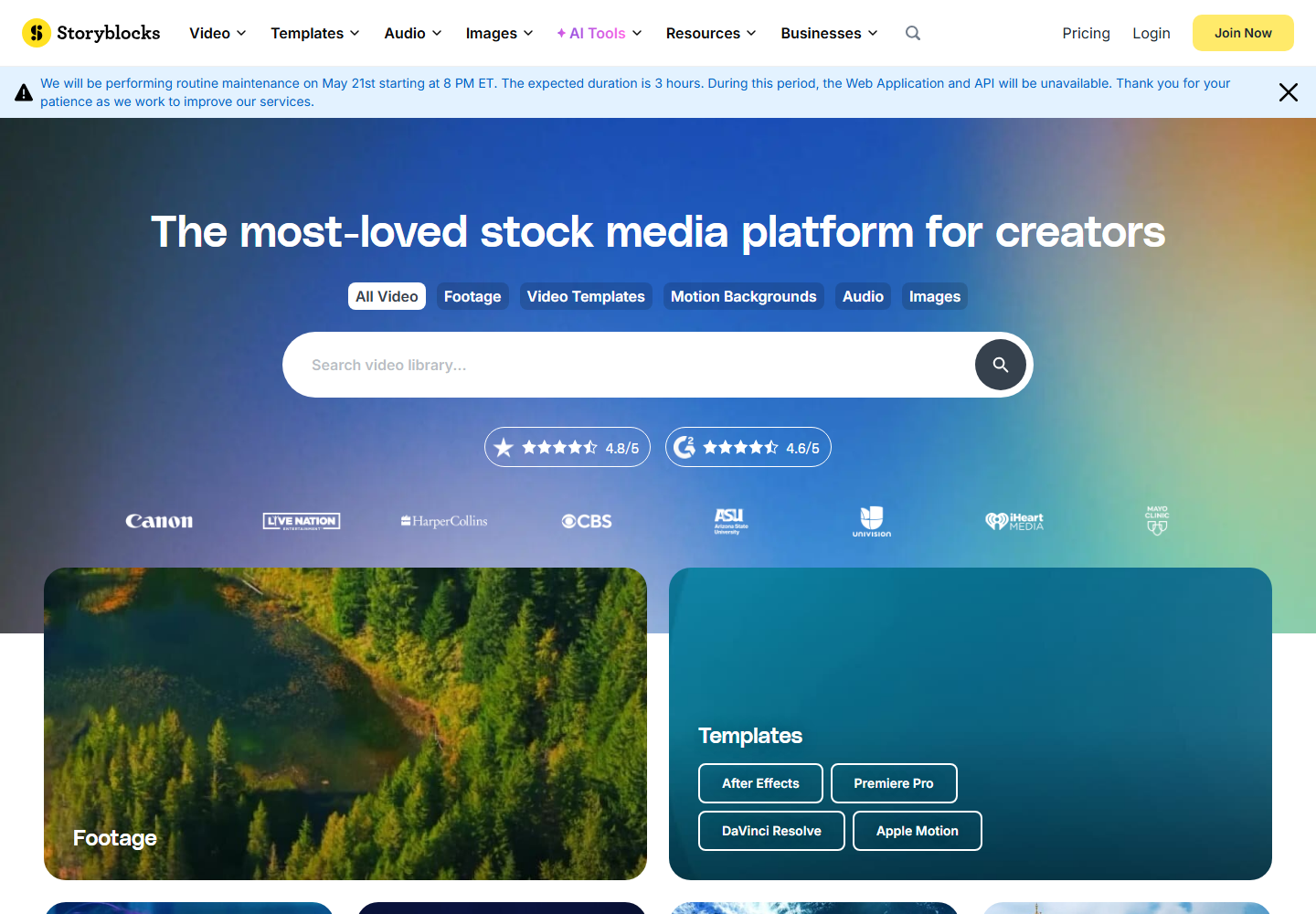 Storyblocks homepage screenshot for video production teams