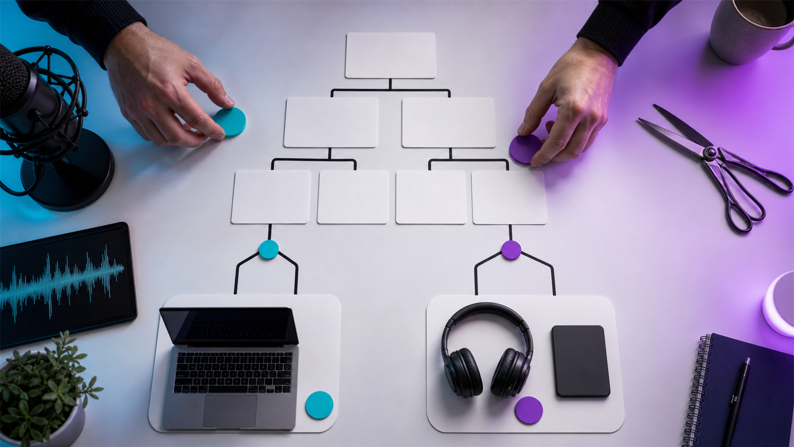 Podcast editing decision workflow comparing DIY editing, outsourced editing, and hybrid production