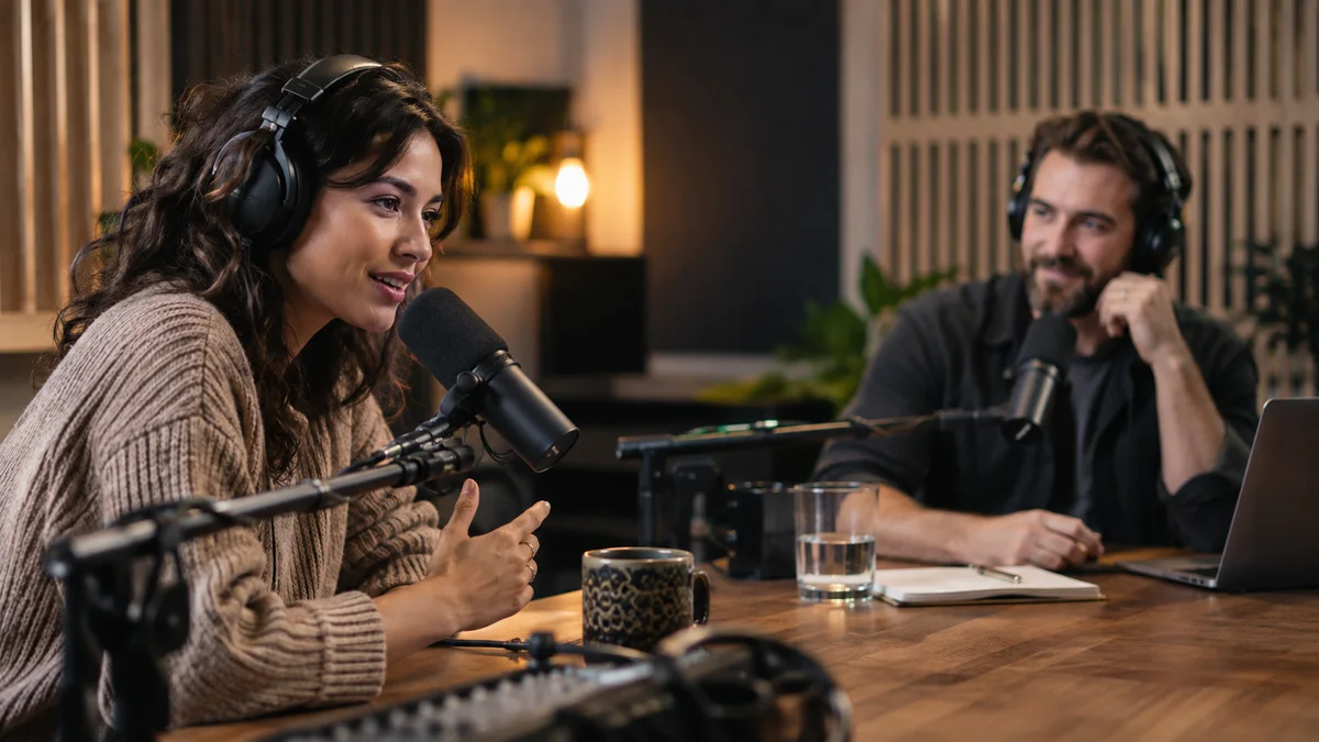 Two speakers using microphones at different distances.