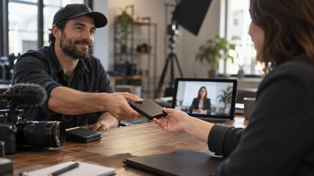 Producer handing a video delivery drive to a client