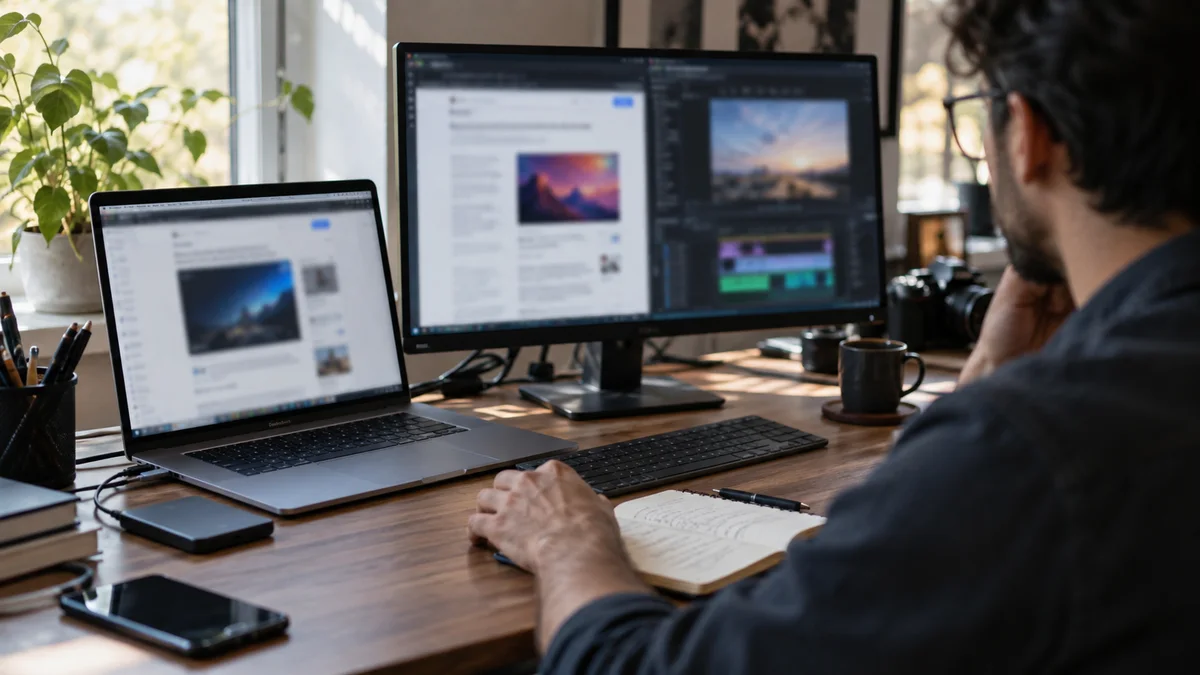 Video editor comparing documentation on a laptop and monitor at a sunlit desk.