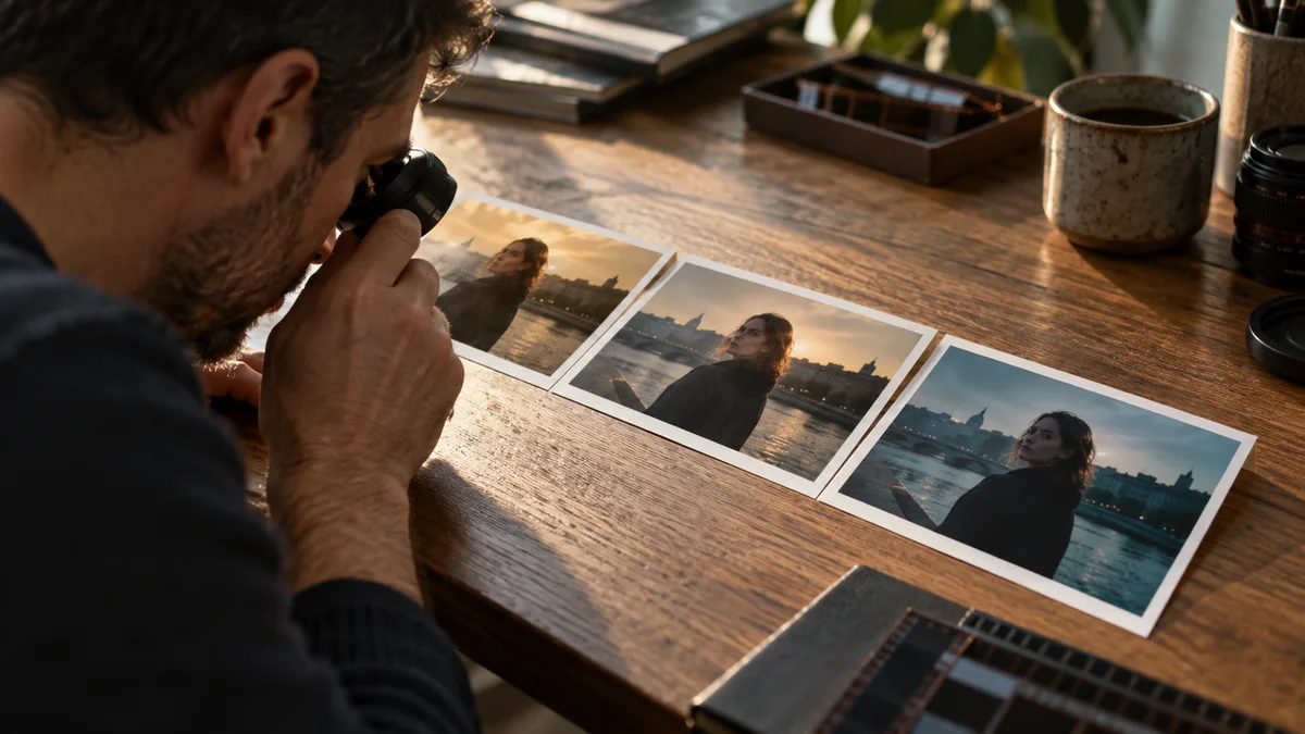 Editor comparing color and framing across three printed film stills