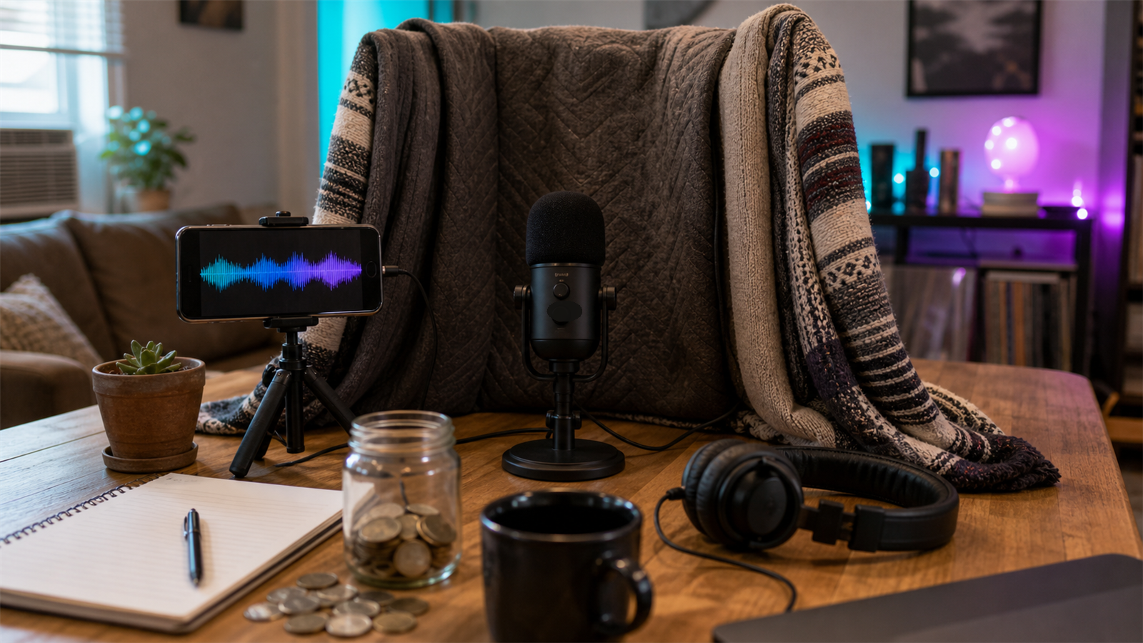 Budget podcast setup with microphone, laptop, headphones, checklist, and content calendar