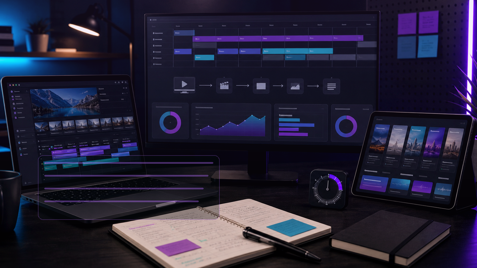 Photorealistic creator workstation with lesson notes, short video timelines, and social format previews.