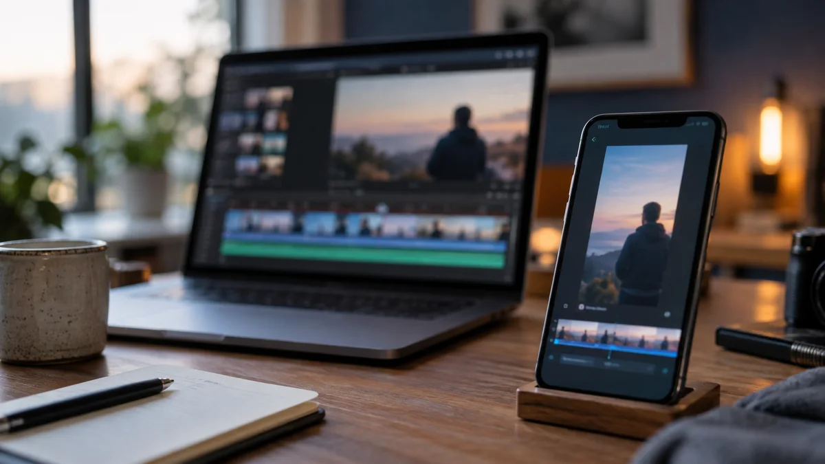 A laptop showing a blurred software demo beside a portrait phone with a magnified interface detail