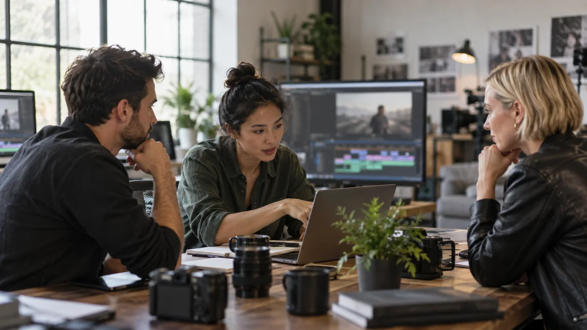 Conceptual photograph of two working editors and one client reviewer around a studio table.