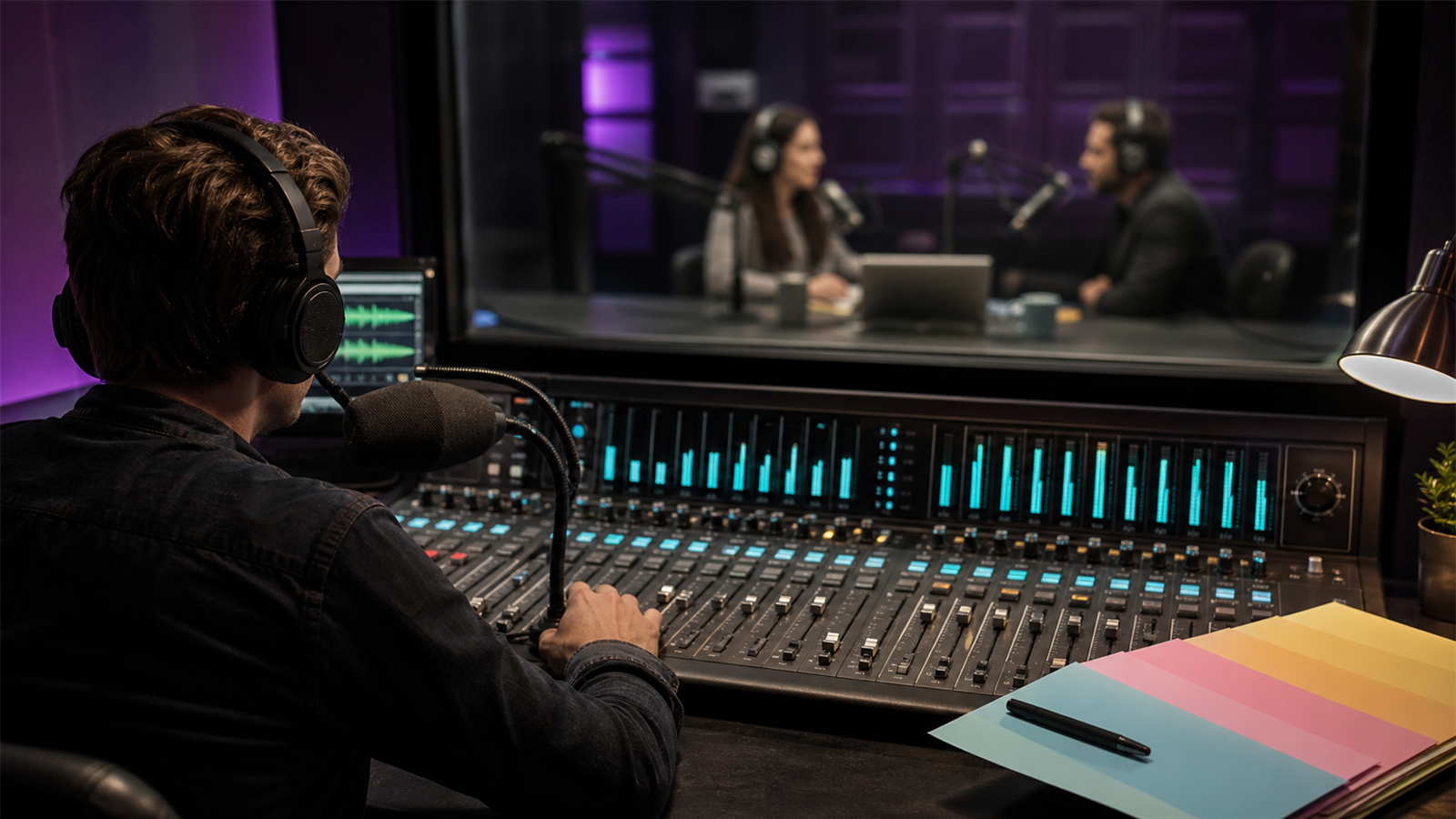 Podcast producer managing a recording calendar, audio timeline, guest notes, and publishing checklist
