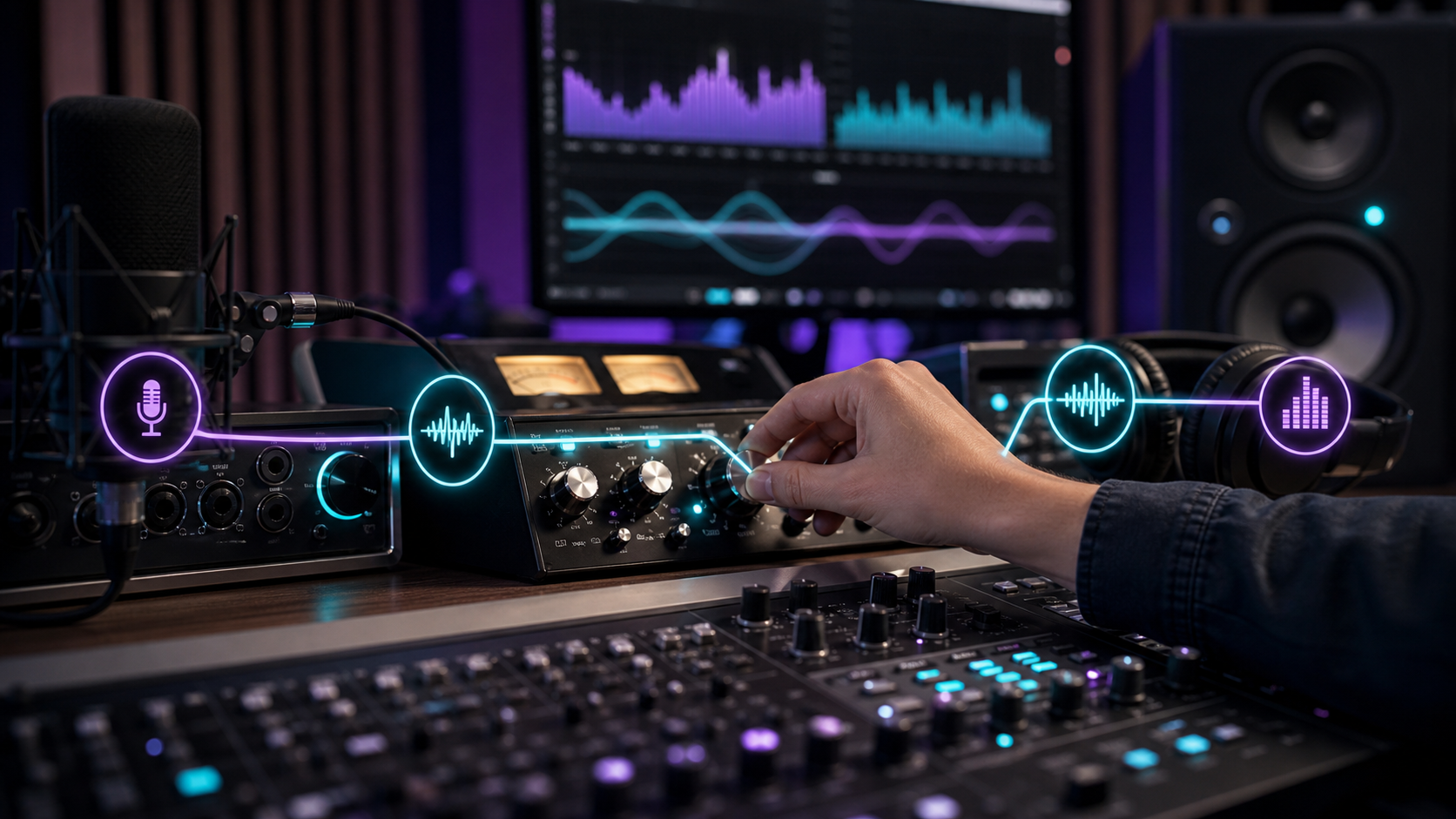 Professional podcast sound workflow with recording, cleanup, levels, editing, export, and review
