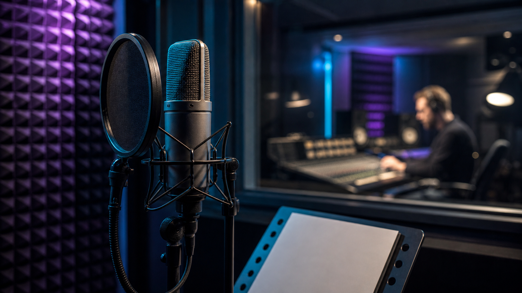 Professional podcast audio setup with microphones, waveform, mixer levels, and quality checklist