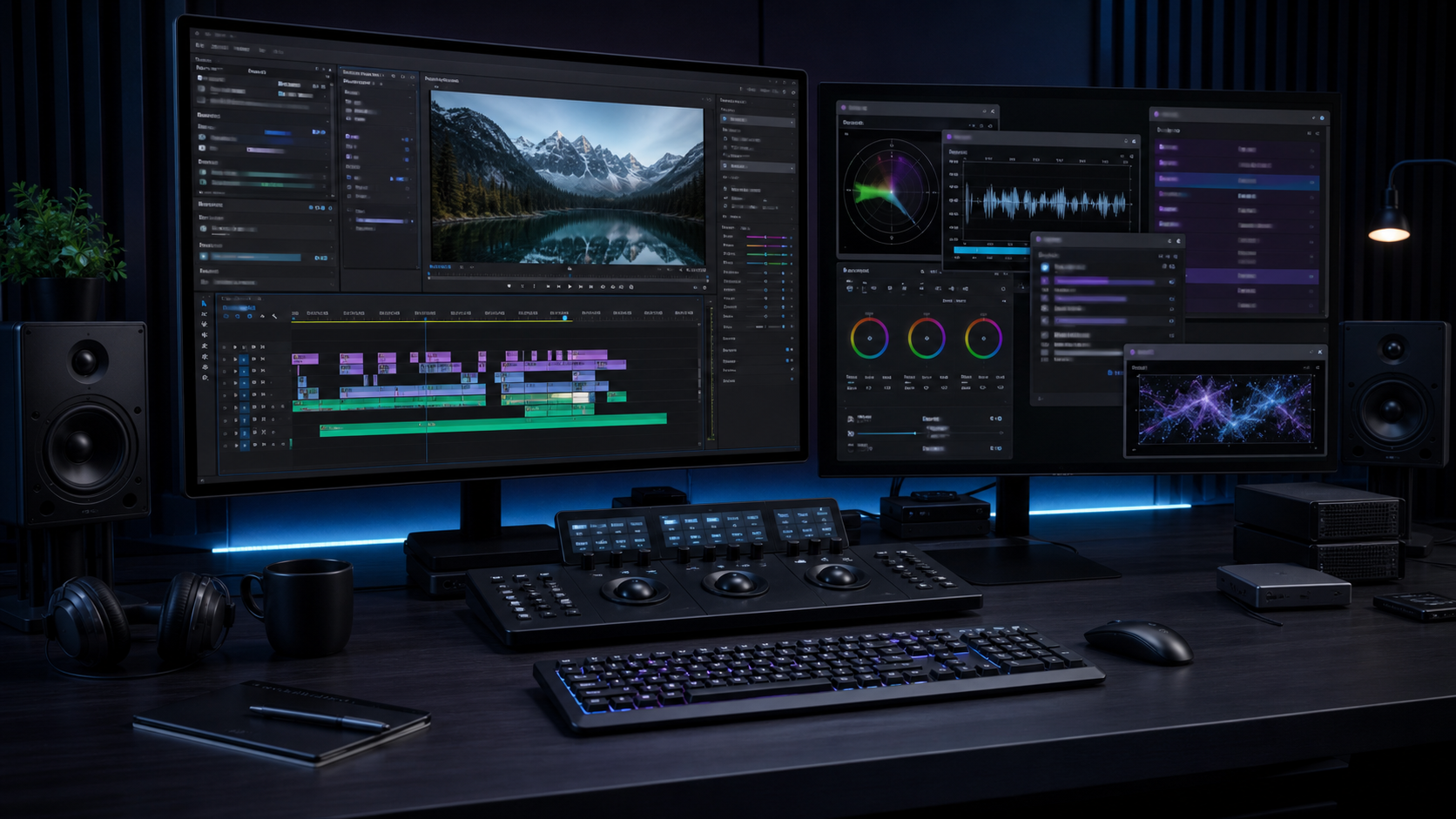 A professional dark editing suite with monitors showing timeline panels and practical plugin workflow overlays