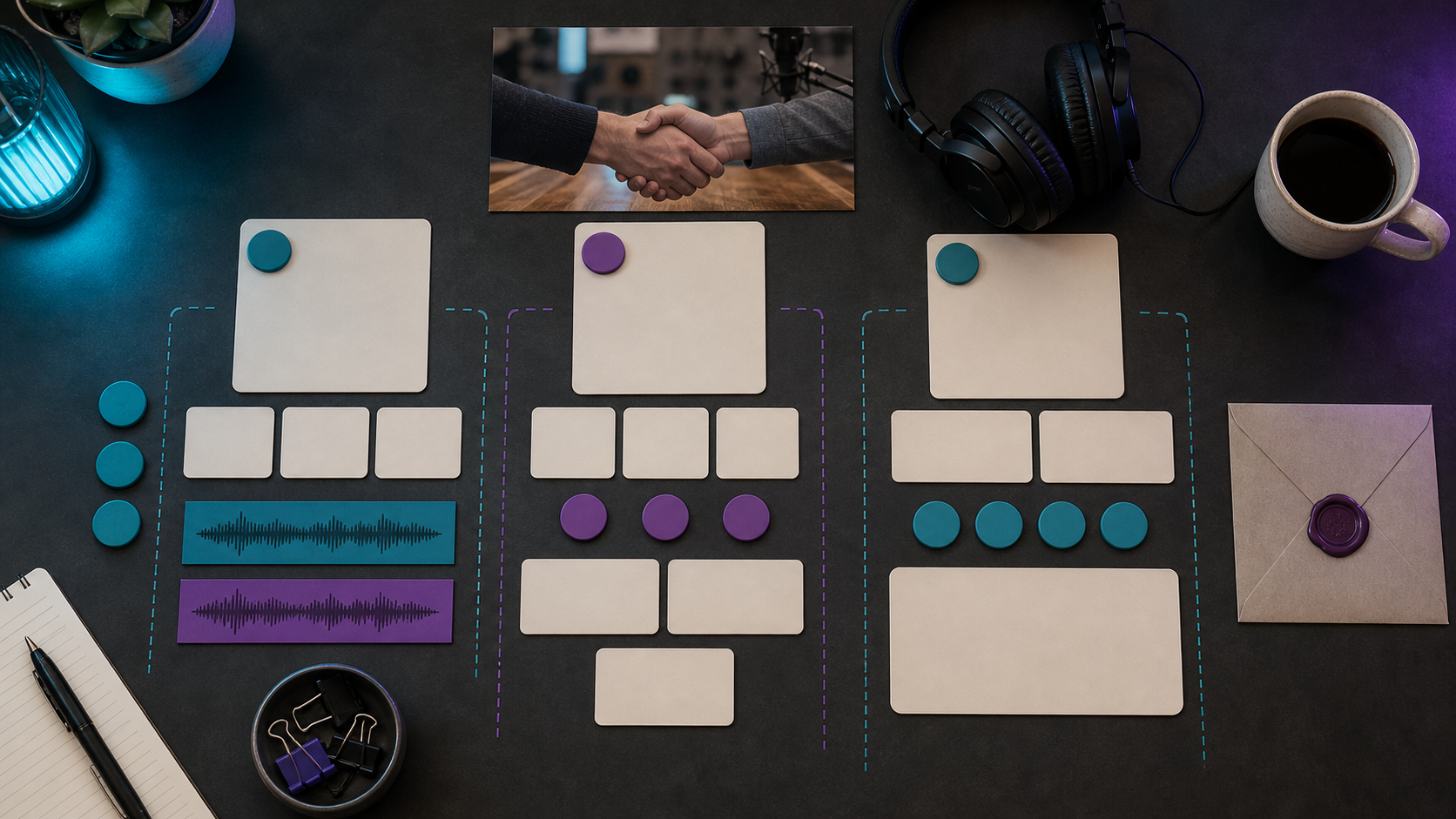 Podcast editor contract beside an audio timeline and production checklist